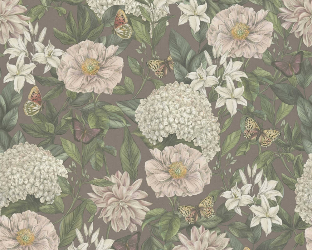 Vliesové tapety zelené listy a bieloružové kvety na fialovom pozadí, 39426-3 Drawn into Nature
